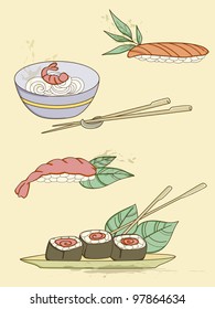 set of hand drawn vector seafood icons