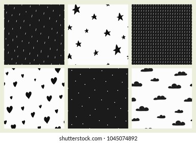 Set of Hand Drawn vector seamless patterns. Isolated. Background black and white, scandinavian style.