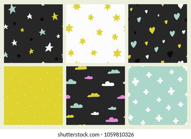Set of Hand Drawn vector seamless patterns. Isolated. Background black and white, scandinavian style.
