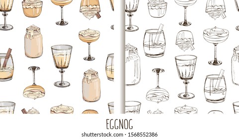 Set of hand drawn vector seamless patterns with hot winter drinks isolated on white background. Eggnog. Fashion textile print for New Year. Endless texture. Cover for planner, notebook. Lettering