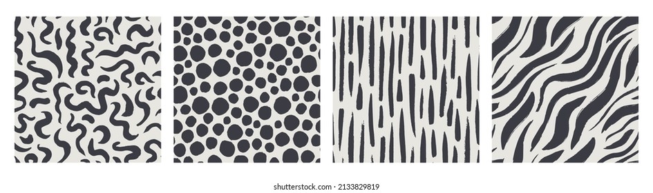 Set of hand drawn vector seamless pattern, abstract shapes. Stripes, curves, dots - randomly scattered repeating elements. Monochrome black and white backgrounds for design.