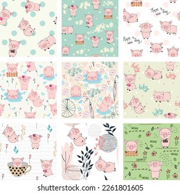 Set of hand drawn vector seamless patterns with pigs for fabric, wrapping paper, etc.