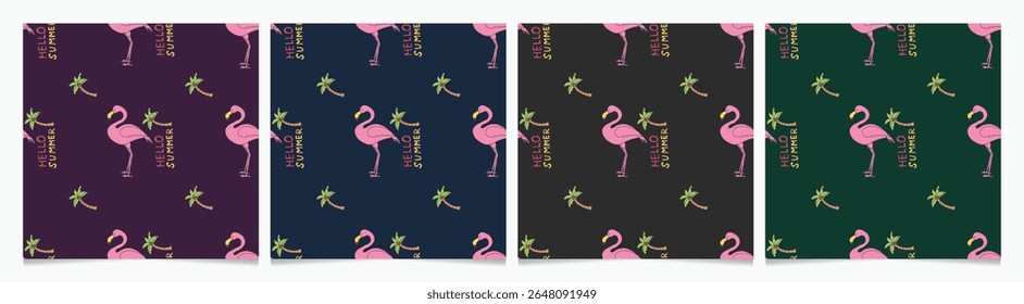 Conjunto de padrões sem emenda vetor desenhados à mão com flamingo rosa no fundo escuro, coleção Summer Beach. 