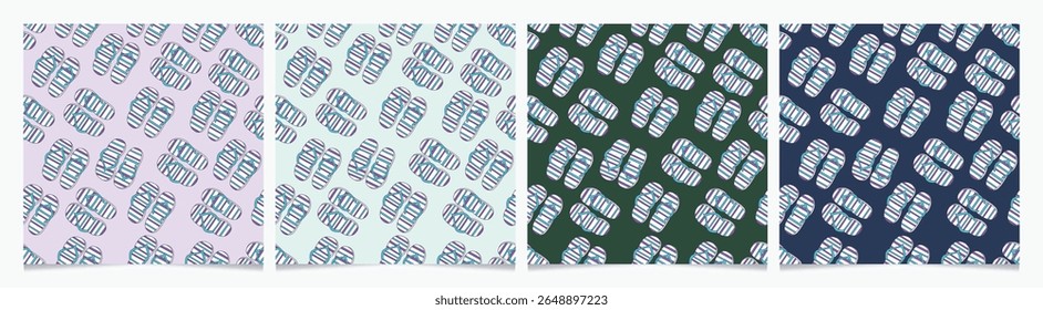 Set of hand drawn vector seamless patterns with flip flops, Summer Beach collection. 