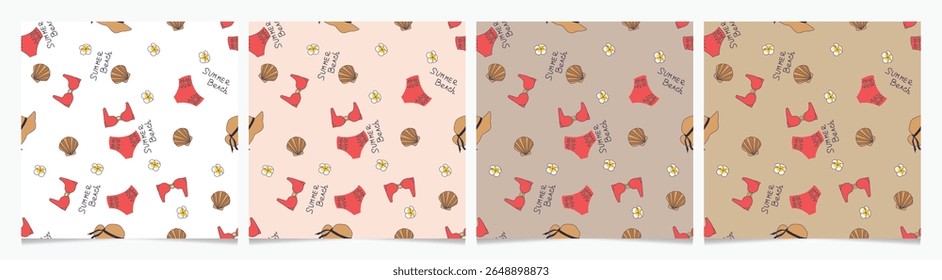 Conjunto de padrões de vetor desenhados à mão sem emenda com biquíni, concha e flor, coleção Summer Beach. 