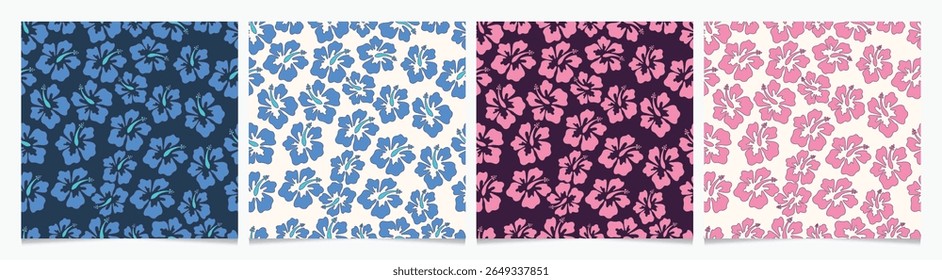 Set von handgezeichneten Vektormustern nahtlos mit abstraktem Hibiscus rosa und blau, Summer Beach Kollektion. 