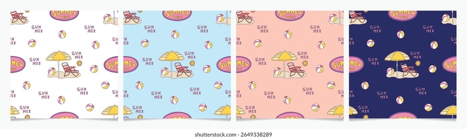 Set of hand drawn vector seamless patterns with beach umbrella on sand, Summer Beach collection. 