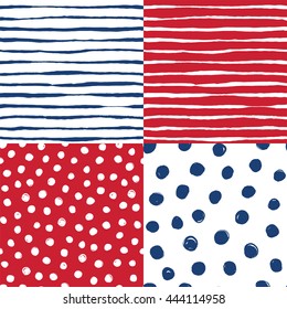 A set of hand drawn vector seamless patterns in navy and red. Brushed stripes and dots. 