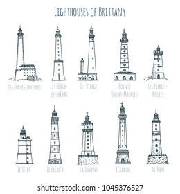 Set of hand drawn vector sketch style famous lighthouses of Brittany, France