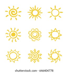 Set of hand drawn vector sketchy sun icons isolated on white background