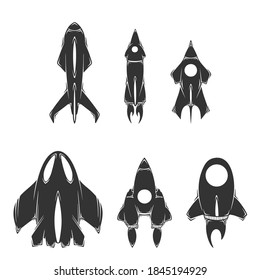 Set of hand drawn vector of spaceship, isolated on white background.