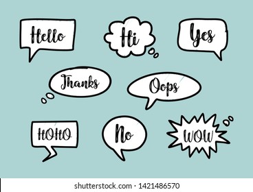 Set of the hand drawn vector speech bubbles with text on a turquoise background