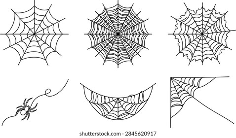 Set of hand drawn vector spider webs and creepy elements for halloween design