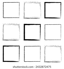 Set of hand drawn vector square black frame, border - Grunge style illustration, template, basis design elements isolated.  Vector illustration. Eps file 45.
