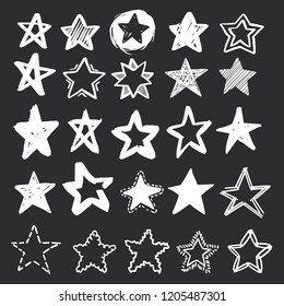 Set of hand drawn vector stars in doodle style on black background. Could be used as pattern or standalone element. Brush marker sketchy