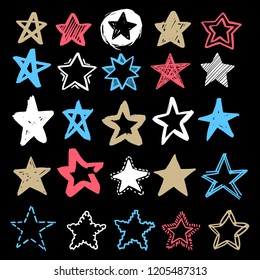 Set of hand drawn vector stars in doodle style on black background. Could be used as pattern or standalone element. Brush marker sketchy