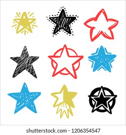 Set of hand drawn vector stars in doodle style on background. Could be used as pattern or standalone element. Brush marker sketchy