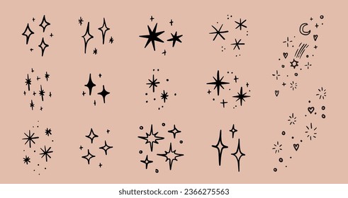 Conjunto de estrellas y destellos vectoriales dibujados a mano, estilo garabato