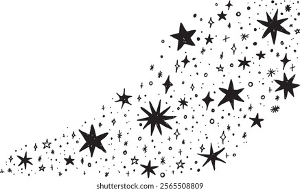 Set of hand drawn vector stars and sparkles, doodle style
