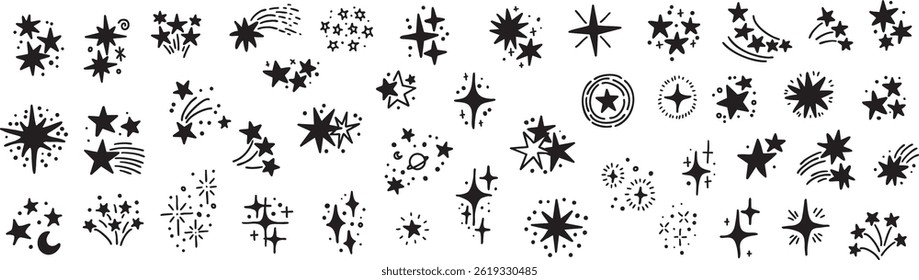 Set of hand drawn vector stars and sparkles, doodle style