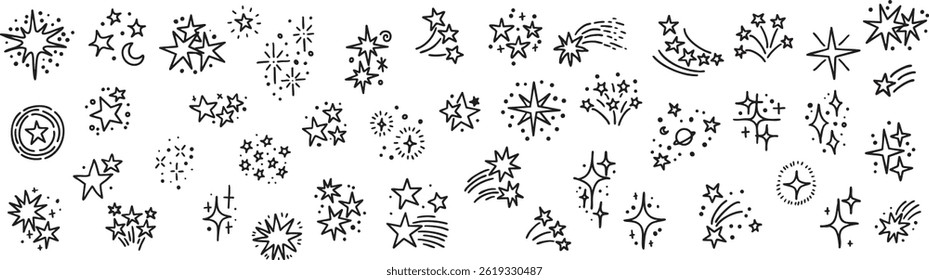 Set of hand drawn vector stars and sparkles, doodle style