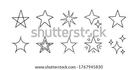 Set with hand drawn vector stars. Sparkles icon set. Stars, decoration elements for party and celebration. Vector illustration. Cute outline black stars isolated on white background