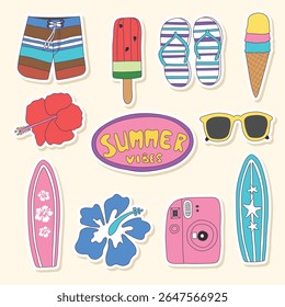 Set of hand drawn vector stickers with lettering on beige background isolate. Brightly colored Summer  Vibes illustration.