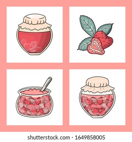 Set of hand drawn vector strawberries and jam jars isolated on pink background. Delicious homemade dessert. For cards, gifts, fabrics, prints, wallpapers.