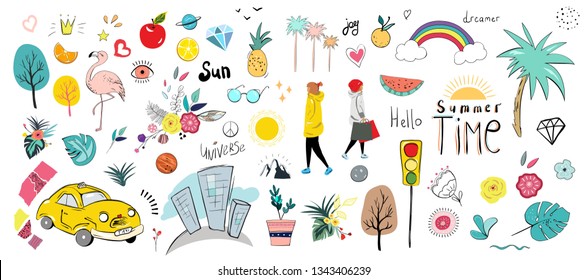 Set hand drawn vector summer elements. fashion stickers - yellow taxi, people, flamingo, palm