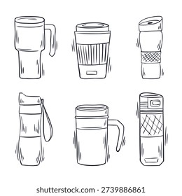 Set of hand drawn vector thermoses and travel mugs. Doodle style eco-friendly thermos and flask icons for zero waste lifestyle.