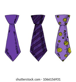 Set of hand drawn vector ties. Ultra violet colors. Sketches.