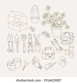 Set of hand drawn vector tools for gardening, planting and planting spring seedlings.