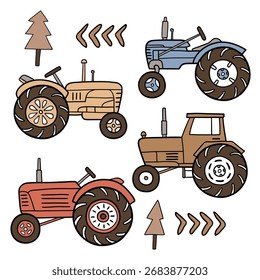 Conjunto de tractores de Vector dibujados a mano. Perfecto para Clipart, logotipo o diseño de impresión de vivero. Archivo de Vector EPS10. Ilustración editable sobre fondo aislado.