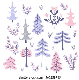 Set of hand drawn vector trees in scandinavian style. Collection of forest design elements for a card, banners or invitation.