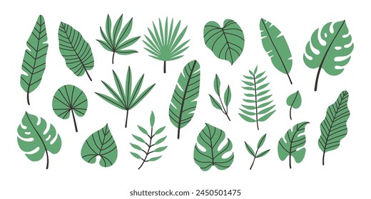 Set of hand drawn vector tropical leaves. Exotic leaves and branches in minimalistic flat style isolated on white.