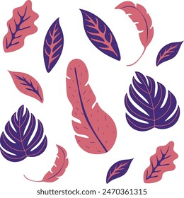 Set of hand drawn vector tropical pink leaves. Botanical green foliage elements. Exotic leaves and branches in minimalistic flat style isolated on white.	
