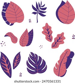 Set von handgezeichneten Vektorgrafiken tropische rosa Blätter. Botanische grüne Laub-Elemente. Exotische Blätter und Äste in minimalistischem flachem Stil isoliert auf weiß.	