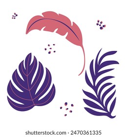 Set of hand drawn vector tropical pink leaves. Botanical green foliage elements. Exotic leaves and branches in minimalistic flat style isolated on white.	