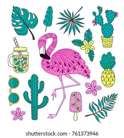Set of hand drawn vector tropical elements with flamingo and exotic leaves.