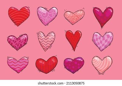 Conjunto de ilustraciones del corazón del día de San Valentín dibujadas a mano