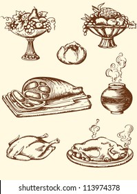 Set of hand drawn vector vintage food