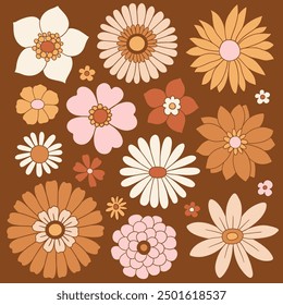 Conjunto de flores vintage de Vector dibujadas a mano. Flores retro groovy. Aislado en un fondo marrón oscuro. Perfecto para el diseño de pegatinas o impresos.
