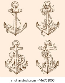 Set of hand drawn vector vintage anchors