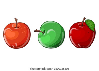 Set of hand drawn vector whole fresh apple fruits isolated on white background. Graphic elements for package, label, wrapping paper, cards, print, banner, advertising.