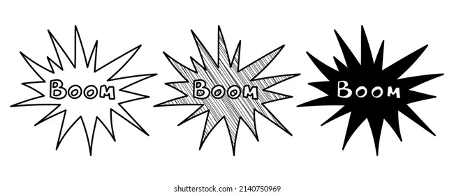 Set of hand drawn vector The word BOOM in doodle cartoon style
