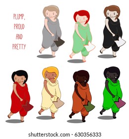 Set of hand drawn vectors of cute curvy girl in jumpsuit, holding handbag, walking, with different skin and hair colors,text Plump, proud and pretty. Design concept for postcard, poster, T-shirt print