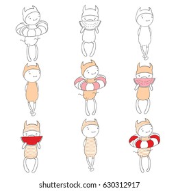 Set of hand drawn vectors of a funny cartoon character in jump suit and hat, taking a stroll, swimming, eating watermelon. Design elements for children - poster, sticker, T-shirt, textile print.