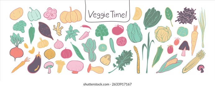 A set of hand drawn vegetable illustrations in soft pastel tones. Great for minimal food packaging, recipe blogs, social media, or gentle aesthetic projects.