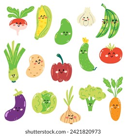 Set of hand drawn vegetables in cartoon kawaii style. Cute ripe veggies in childish style for print, menu, kids game