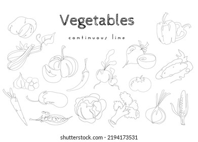 Set  of hand drawn vegetables in continuous line style. Potatoes, zucchini, carrots and many other vegetables set. Vegetables minimalist black linear sketch isolated on white background. 